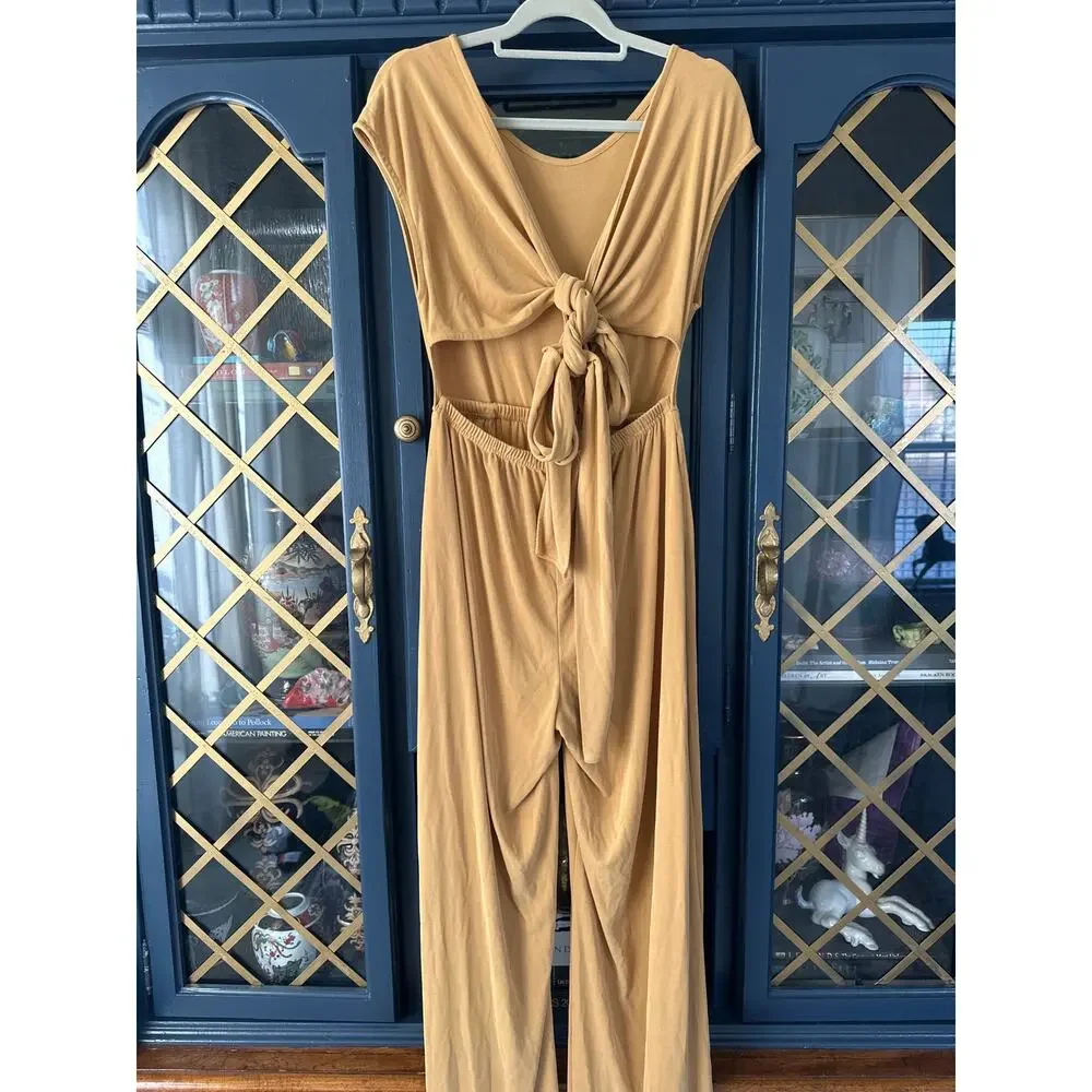 Free People Mustard Yellow Tie Front Back Wide Leg Jumpsuit XS